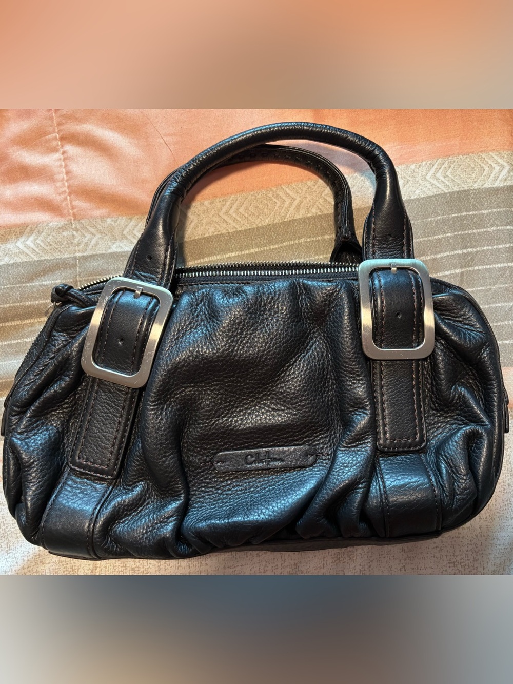 Cole Haan black Leather Satchel Handbag with Buckle Accents